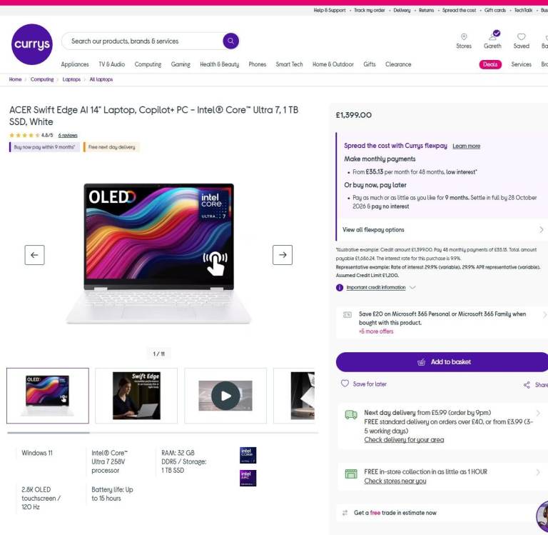 Acer Swift Edge Laptop - Intel 258v, 32gb RAM, 1tb SSD, 2.8K OLED