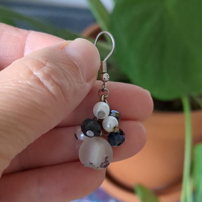 Stylish Silver Tone Dangle Hook Earrings with White Pearl & Black Crystal Beads  