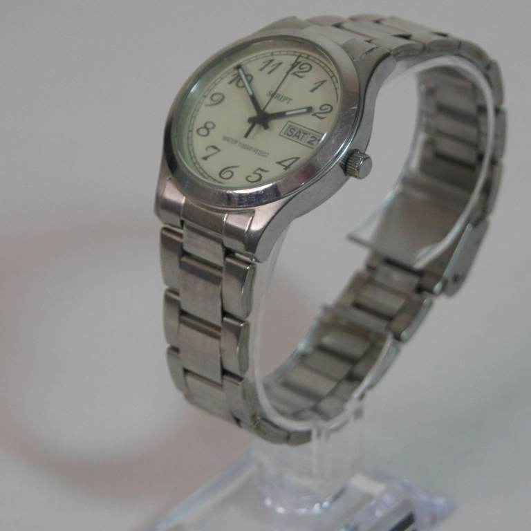 Working J-Axis Script 10 Bar Gent’s Stainless Steel Quartz Day/Date Wristwatch