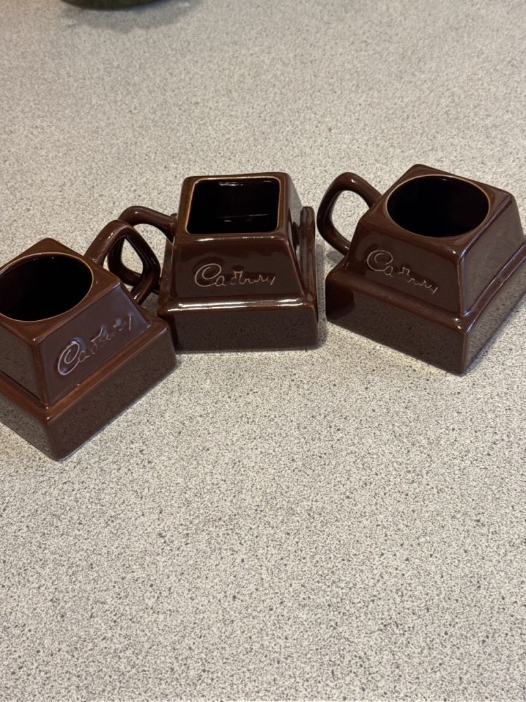 Three vintage 1980 Cadbury mugs