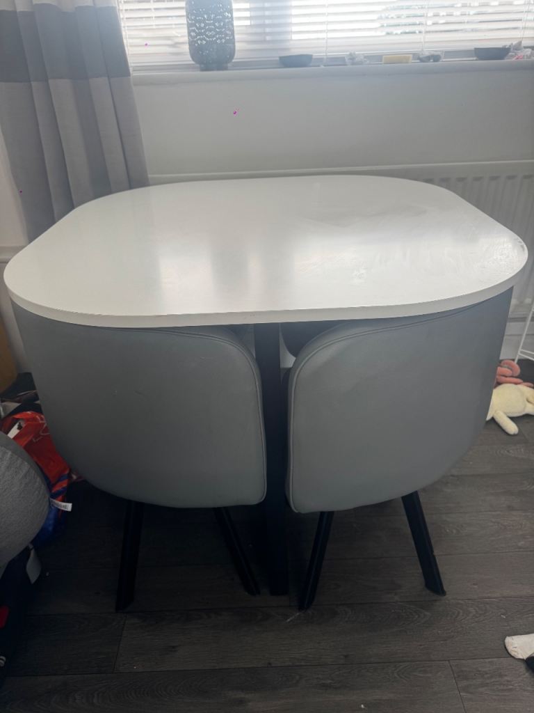 Compact White Dining Table with 2 Grey Chairs – Good Condition