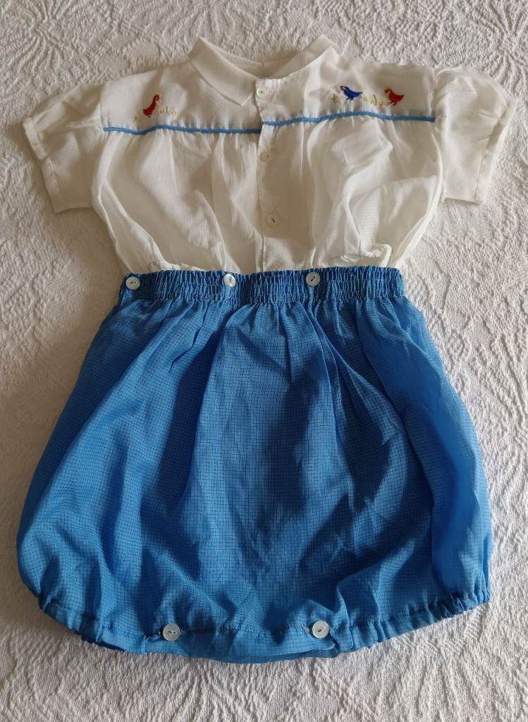 AUTHENTIC VINTAGE Baby Boy Blue Clothing Set Ducks Embroidery 1950's 1960's Period Clothing Original