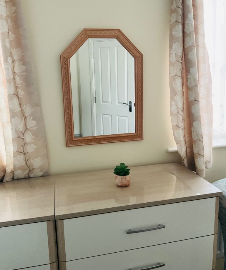 VINTAGE RETRO ARCH WALL MIRROR LIGHT WOOD CARVED DECORATIVE FRAME