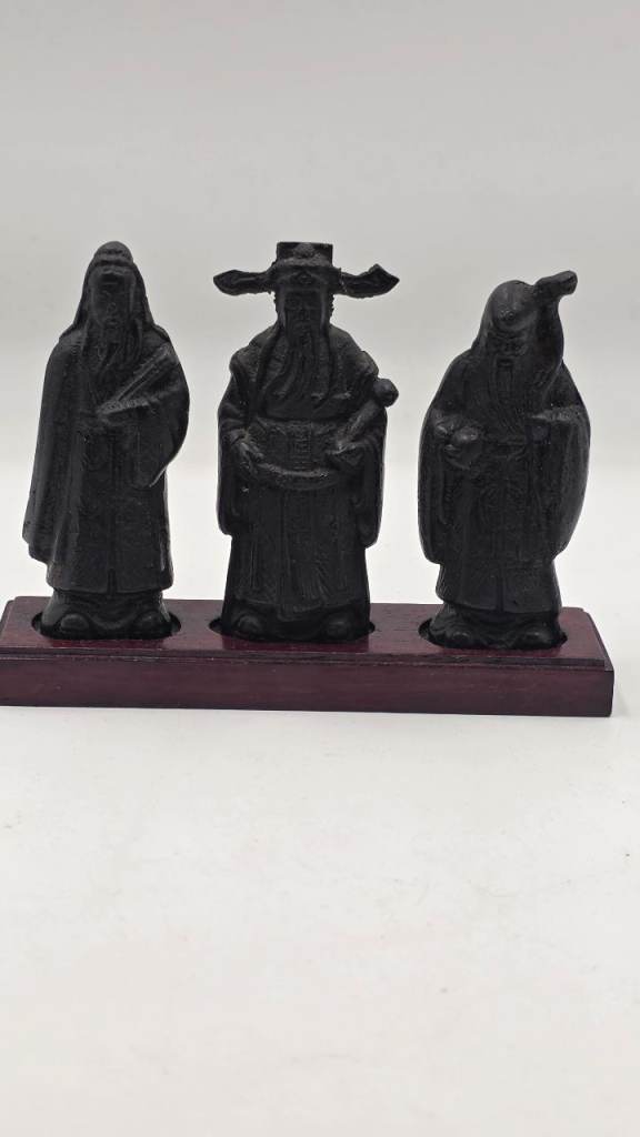 SET OF 3 CHINESE BRONZE FIGURES "THREE STARS OF HAPPINESS" ON A WOODEN BASE.
