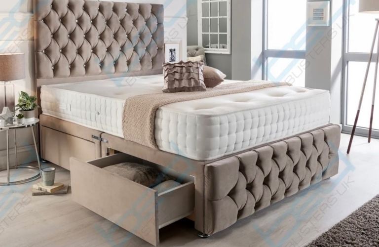 King Size Chesterfield Bed with Storage + Hybrid Mattress