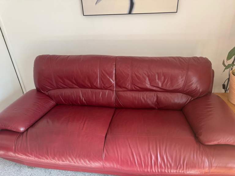Beautiful Red leather Sofa with Chrome Legs for Sale