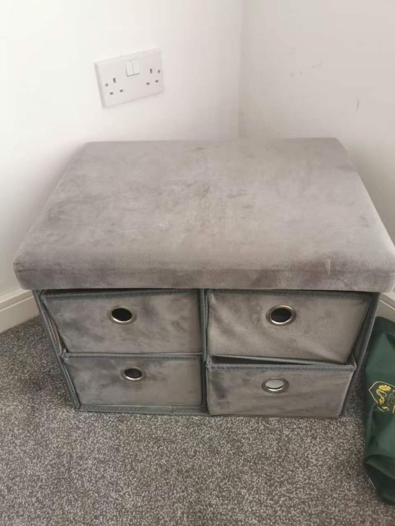 Grey Velvet Stool with Storage Drawers – Good Condition