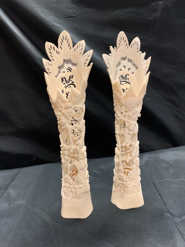 Pair of Vintage Chinese Pierced Carved Figures – Dragons & Immortals – Reticulat