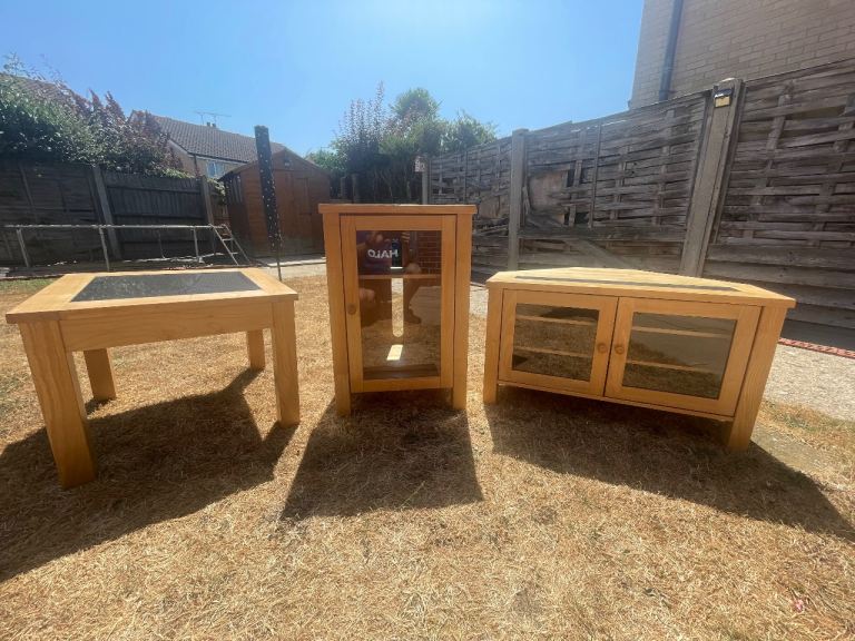 Solid Wood & Black Inlay Tables and Display Unit Set