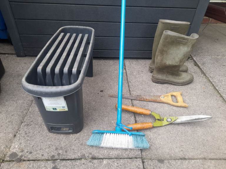 Garden Tools Bundle: Kneeler, Brush, Saw, Hedge Cutters, Wellies