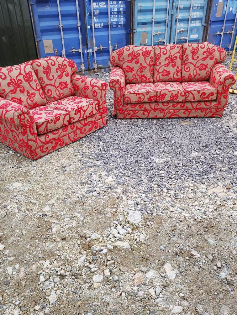 Red & Beige Floral Fabric Sofas - 2 and 3 Seater