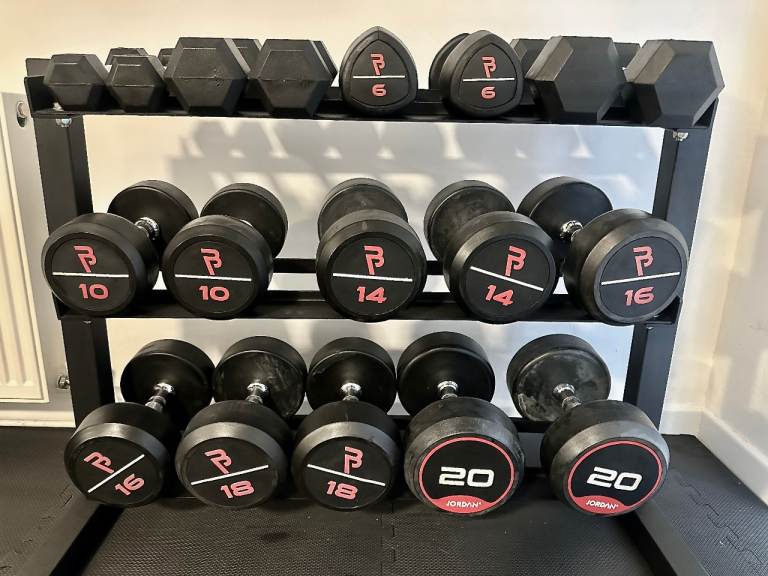 Complete Dumbbell Set 2–20kg + 3-Tier Rack – Rubber Weights – Home Gym