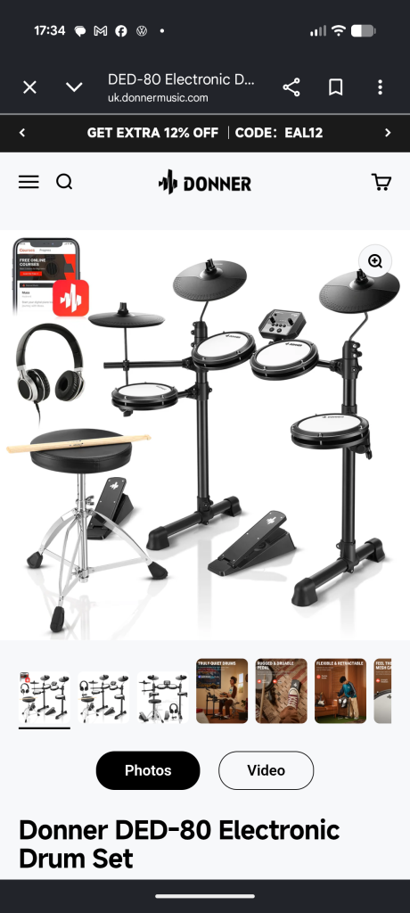 Donner DED 80 drums with Behringer Headphones - Brown and Grey, Good Condition