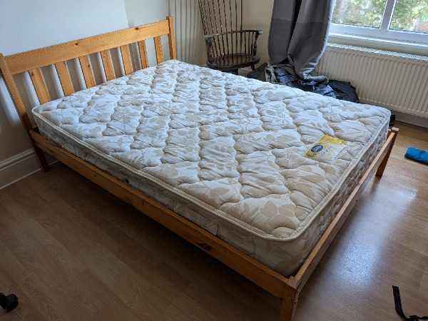 Wooden Double Bed Frame with Mattress – Good Condition