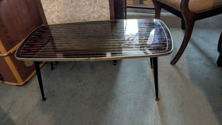 Vintage 1950 Black Glass Topped Coffee Table with Gold Trim – Good Condition