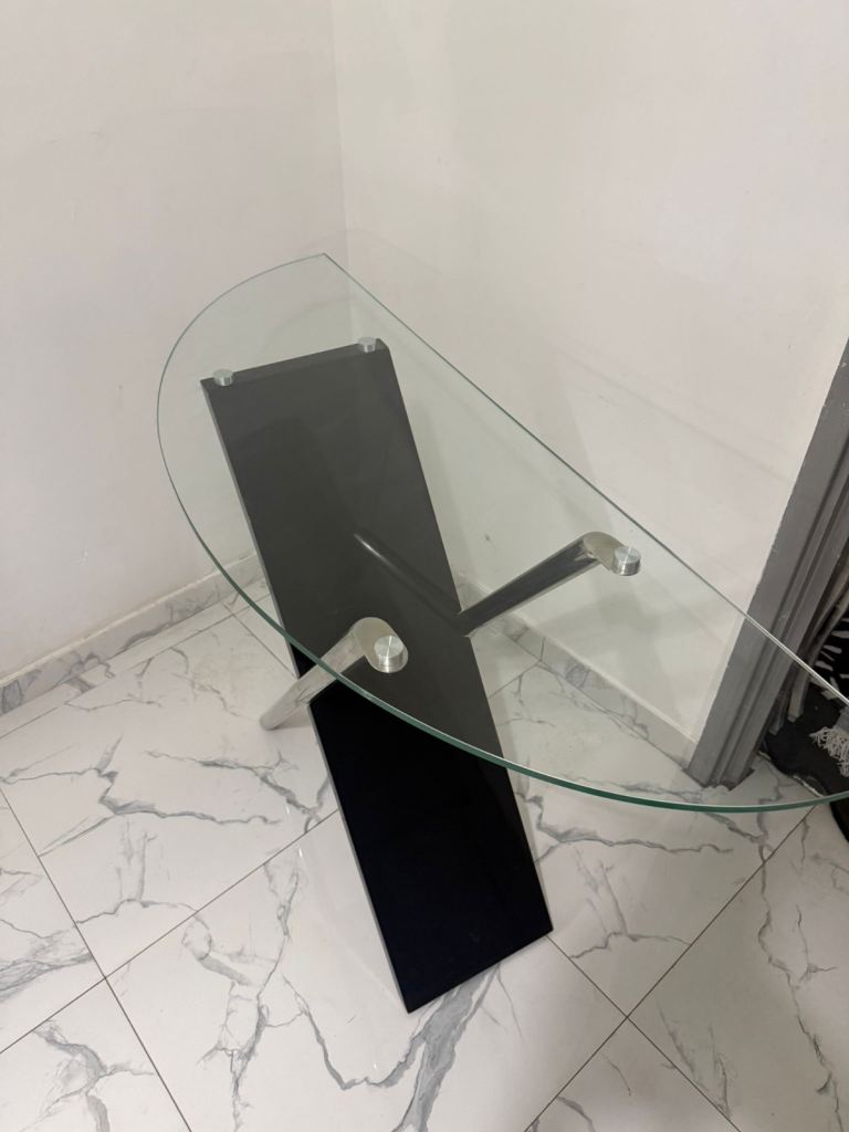 Elegant Modern Glass Console Table with Chrome and Black Base