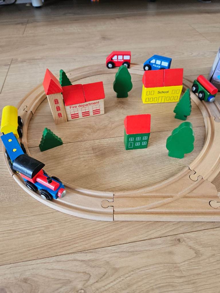 Little Town Wooden Railway Set - Train, Track, & Buildings