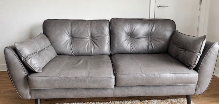 Charcoal Grey leather sofa suite – 3 seater sofa, armchair & matching footstool- DFS zinc 