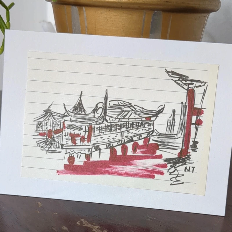 Hand-drawn art on paper 'Chinese Temple'  
