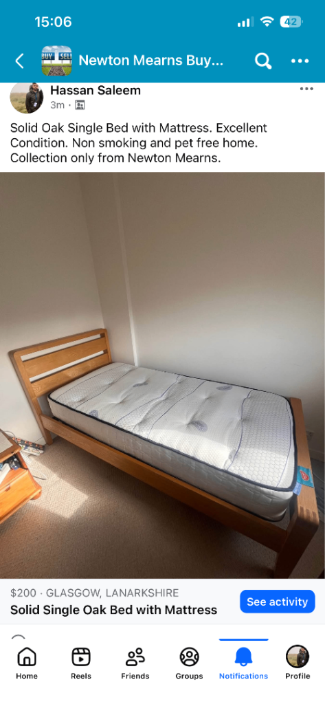 Solid Oak Single Bed with Memory Foam Mattress