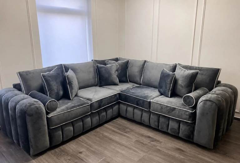 Brand New Grey Fabric Corner Sofa with Cushions