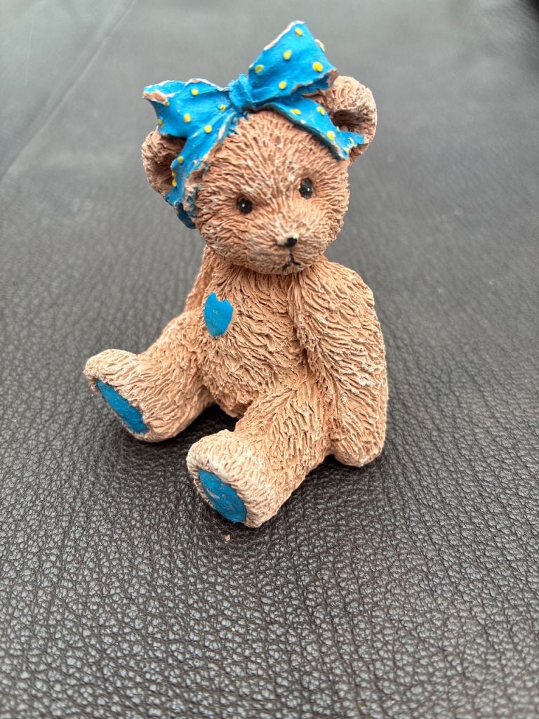 Cute Teddy Bear Figurine with Blue Bow