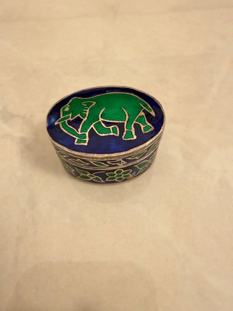 Vintage Sterling Silver 925 Lucky Green Elephant Pill / Trinket Box