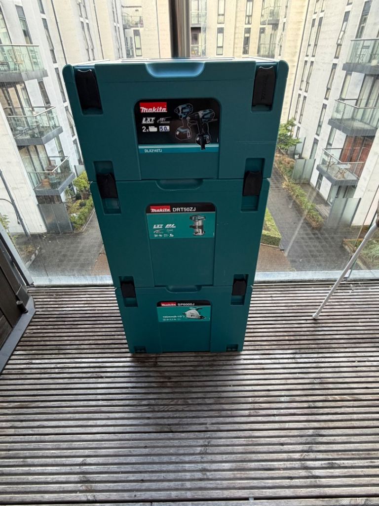 Makita plunge saw, makita router, makita 2 piece drill set, makita 33 piece impact driver set. 