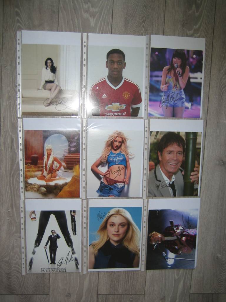 Over 70 signed celebrity photographs, films, music, sports {8x10 inches}. 