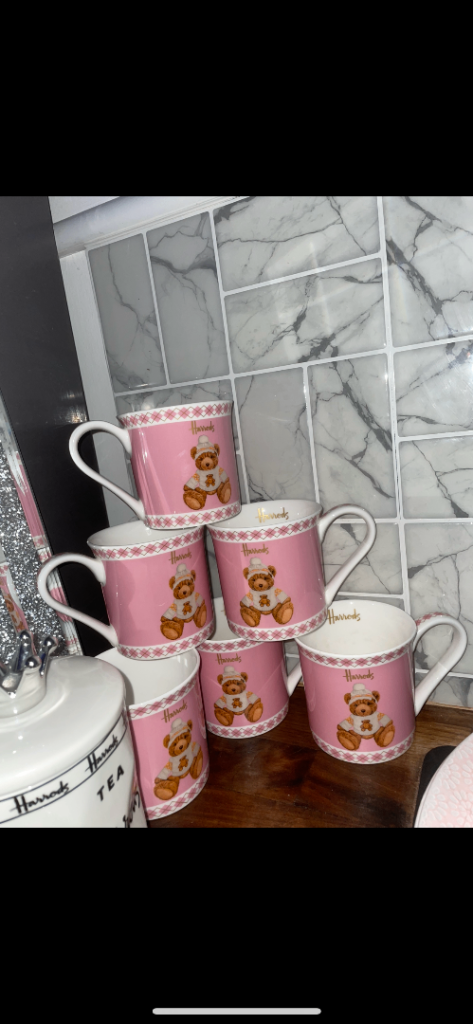 Harrods Pink Bear Mugs - Set of 6, As Good As New