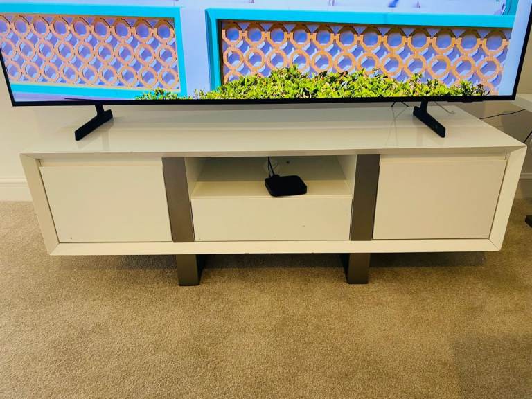 White and Grey Modern TV Stand with Storage