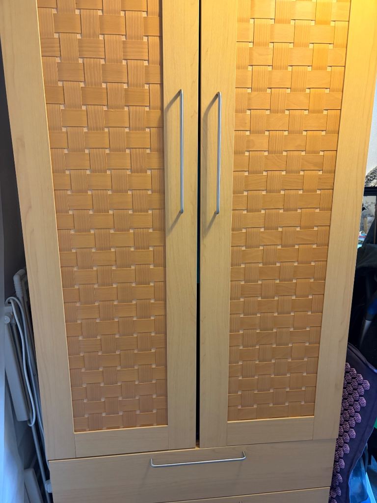 Double wardrobe and chest 3 drawers in light Teak decorative weave style panel.