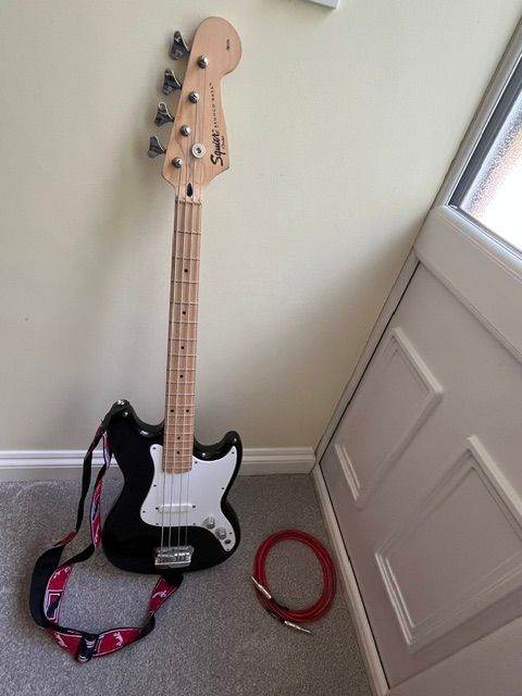 Squier Bronco Bass Guitar with Strap, Cable and Guitar Gig Bag – Good Condition
