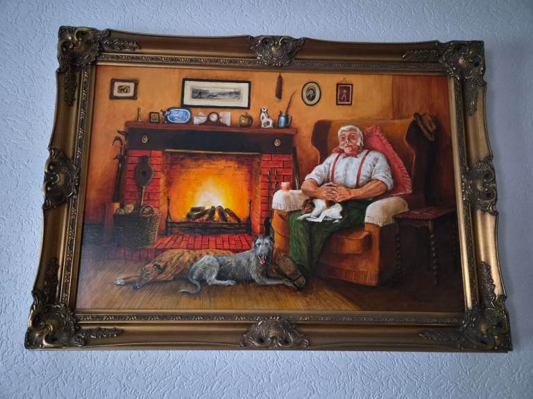 Multicoloured Oil Painting: 'Game Keeper' in Good Condition with Ornate Wood Frame