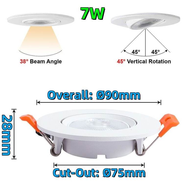 7W LED Downlight, Tilt Angle Adjustable Ceiling Light Spotlight, Waterproof, Bright Cool White Light