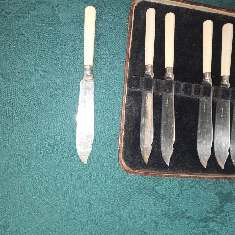 Vintage silver plated incomplete cutlery set (knives without forks) in original case