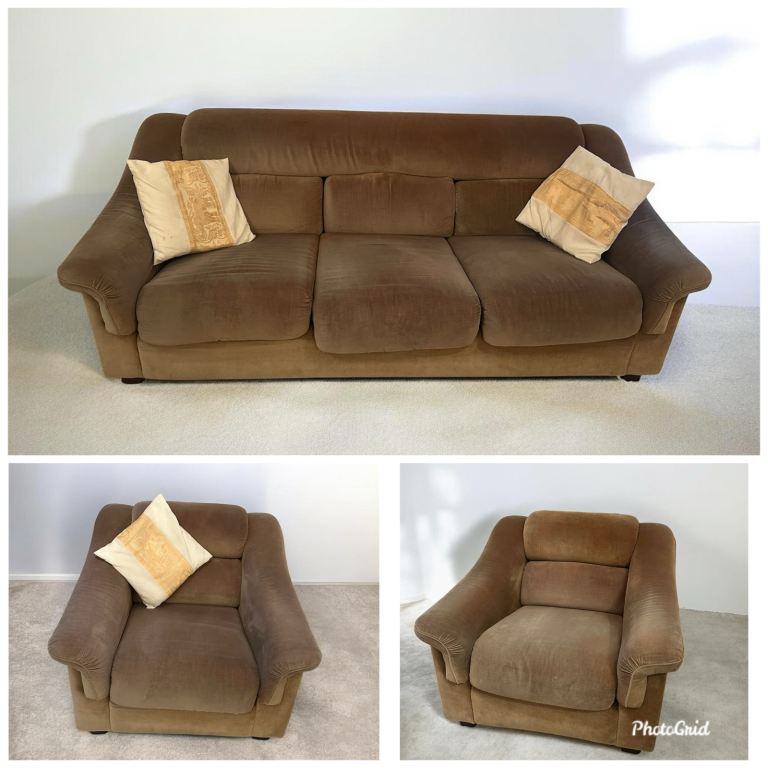 Full 3 Piece Beige/Brown Sofa set – 3 Seater Sofa + 2 Armchairs – Living Room Set