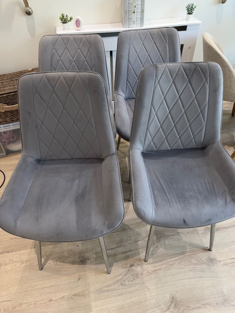 Set of 4 Grey Velvet Dining Chairs with Chrome Legs