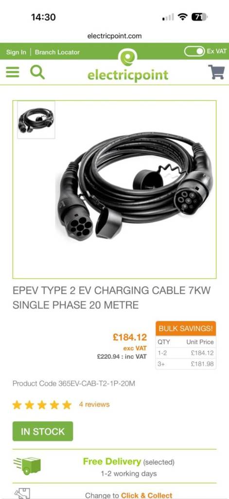 Electricpoint EPEV Type 2 EV Charging Cable 7KW Single Phase 20 Metre + Carry Case. Used Once.