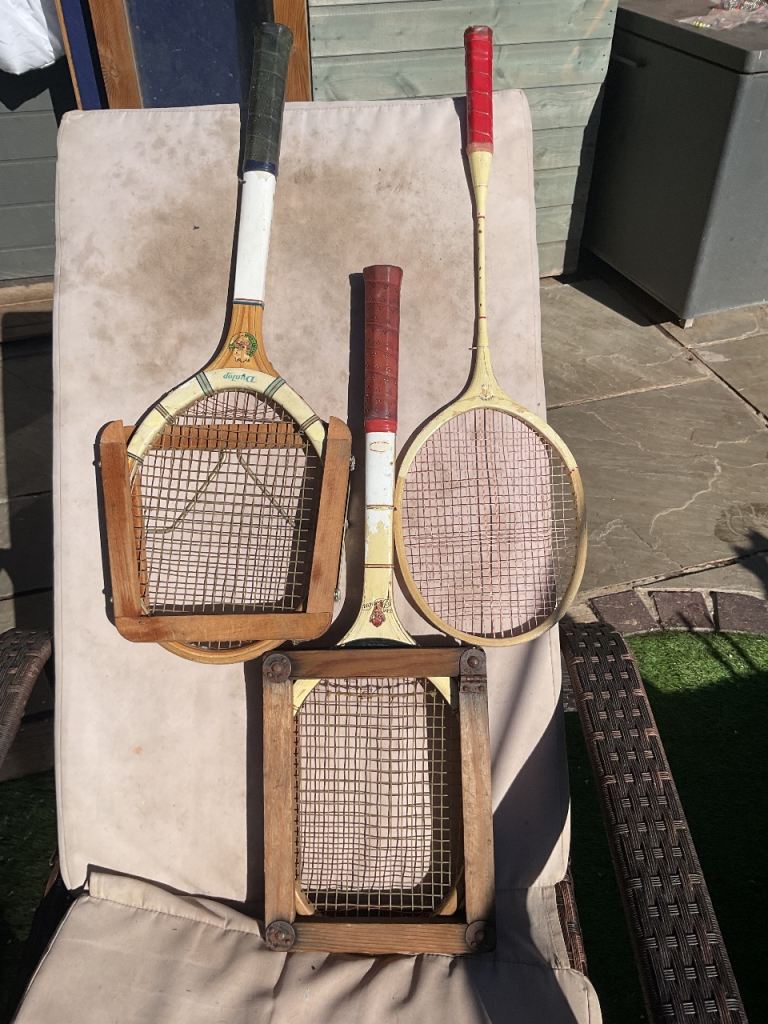 Vintage Wooden Tennis Rackets with Presses – Fair Condition