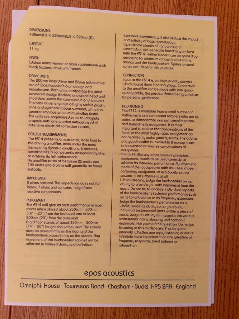 Epos ES14 hi-if loudspeakers 