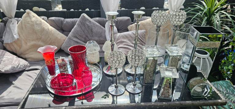Decorative Red Vases & Mirrored Candle Holders - Good Condition