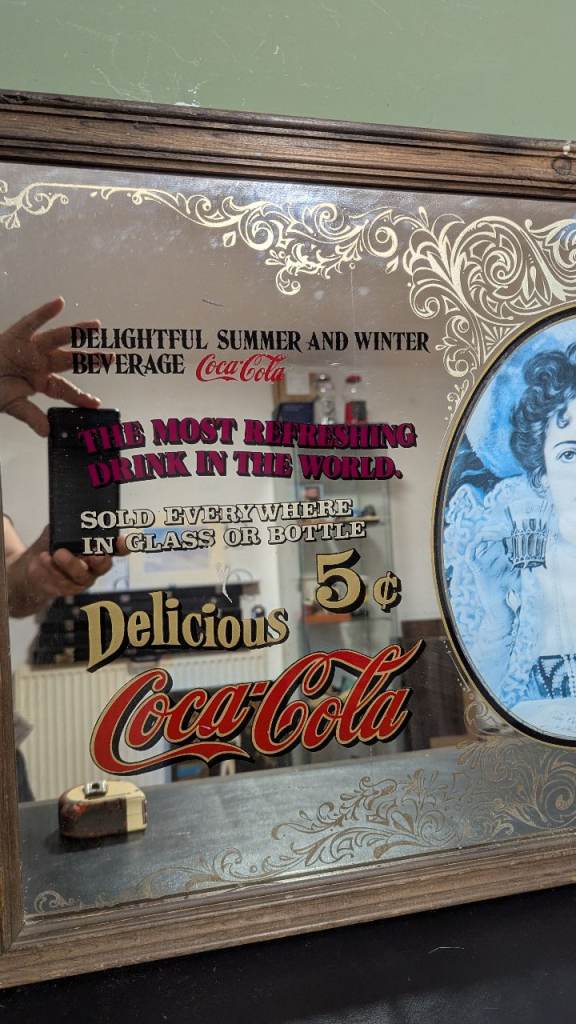 Coca-Cola Advertising Mirror with Wooden Frame