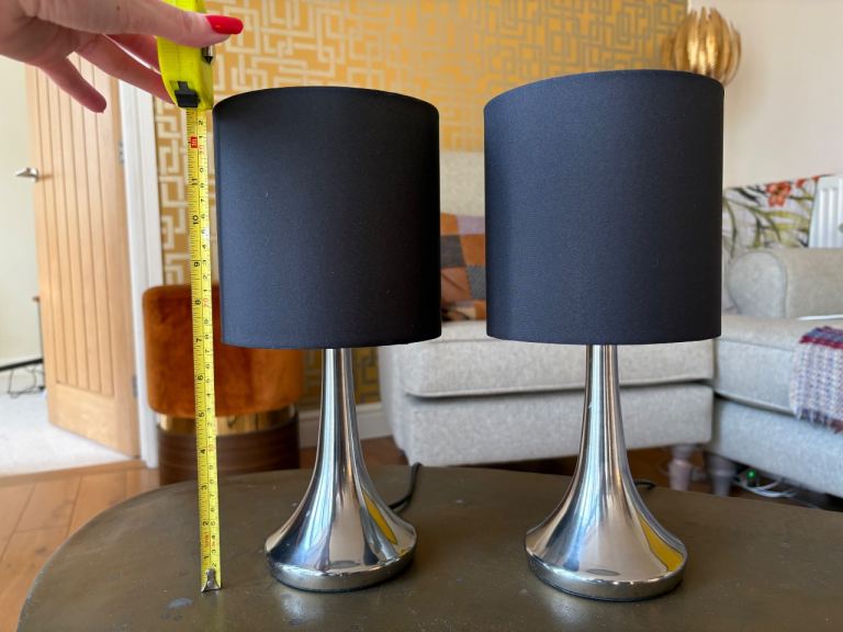 Pair of Modern Chrome Base Bedside Lamps with Black Shades