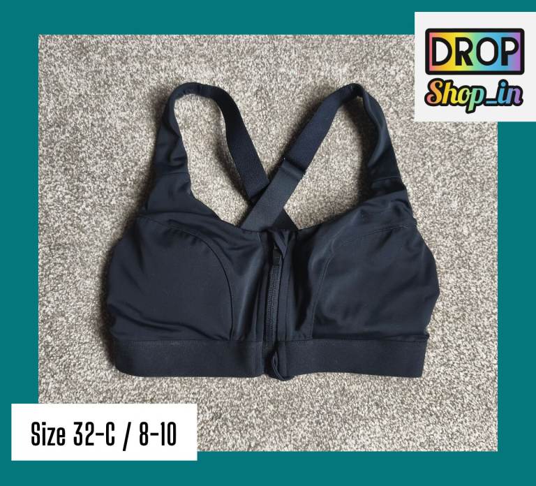 George High Support Front-Zip Sports Bra – Black – Size 8-10 – New Size 32c