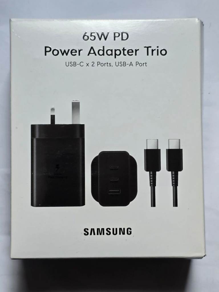 Genuine Samsung 65W Trio Fast Plug Charger&  USB-C to C Cable (USB-C x 2 & USB A)