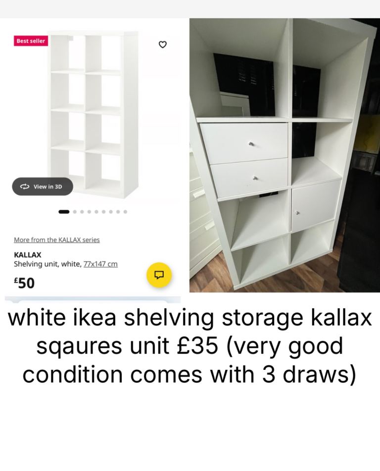 white ikea shelving storage kallax sqaures unit £35 (very good condition comes with 3 draws)