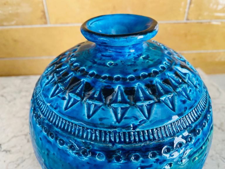 Bitossi Rimini Blue Ball Globe Round Vase Vintage Aldo Londi Italy Mid Century 
