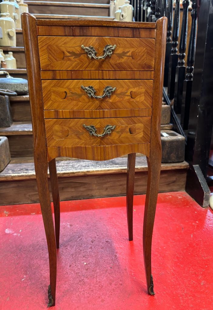 Small French Style Louis XV Slender Bedside Cabinet with Marquetry Inlay