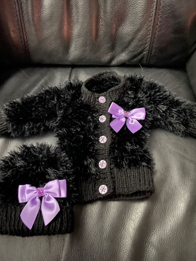 Baby's Black Faux Fur Cardigan & Hat Set with Purple Bows